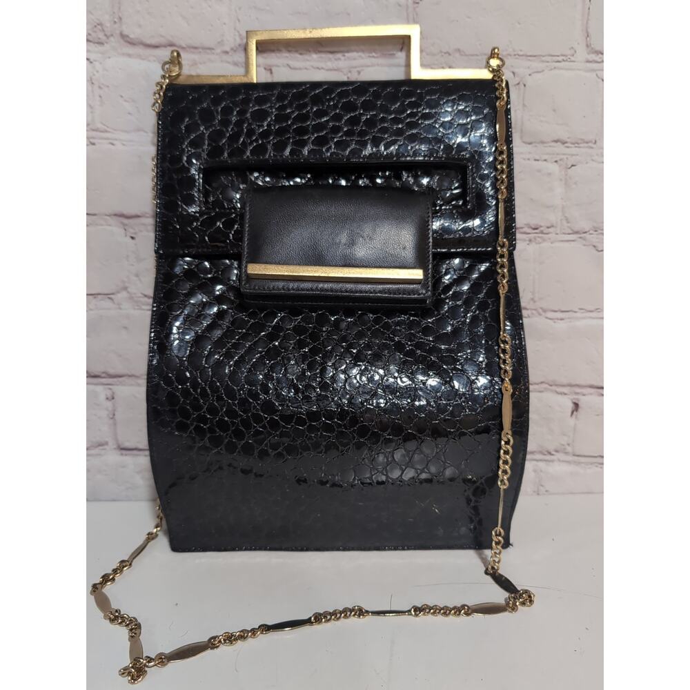 Lee Wolfe Black Croc Embossed Statement Gold Handle Handbag Vintage